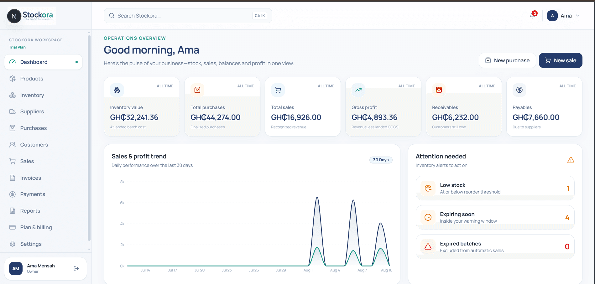 Stockora dashboard showing inventory value, purchases, sales, gross profit, balances, trends and stock alerts