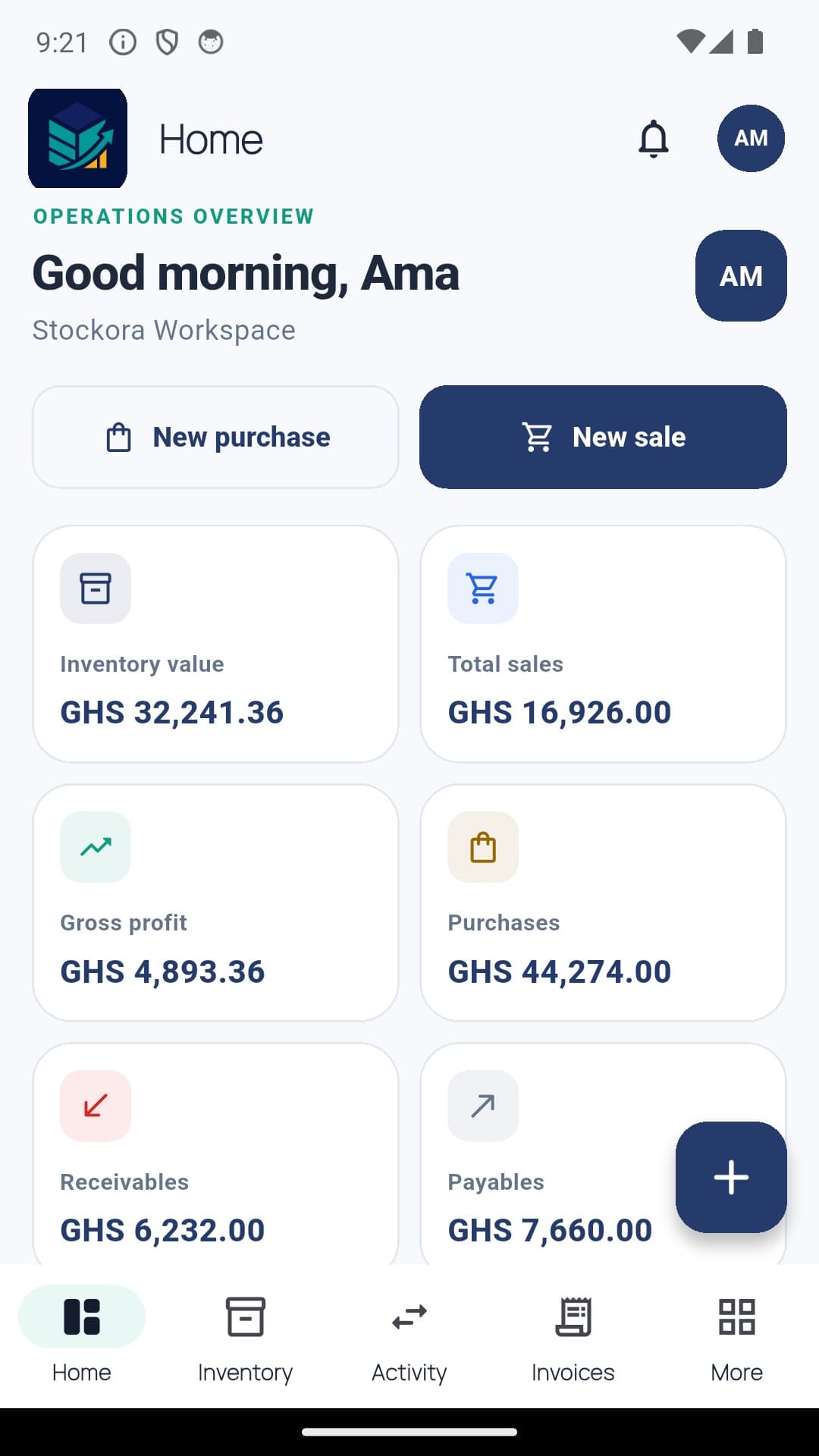 Stockora Android dashboard showing inventory value, sales, gross profit, balances and inventory alerts
